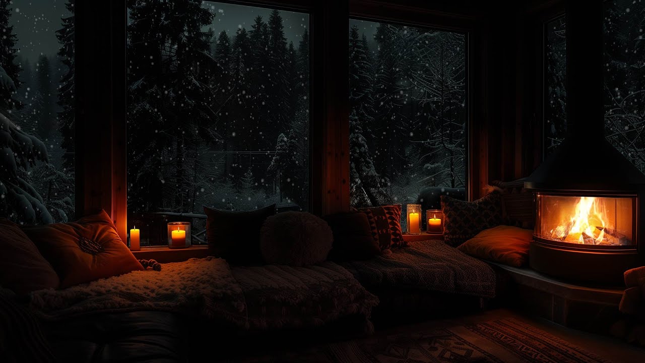 Warm Fireplace on a Winter Night in a Cabin 🔥 Soft Piano, Falling Snow ...