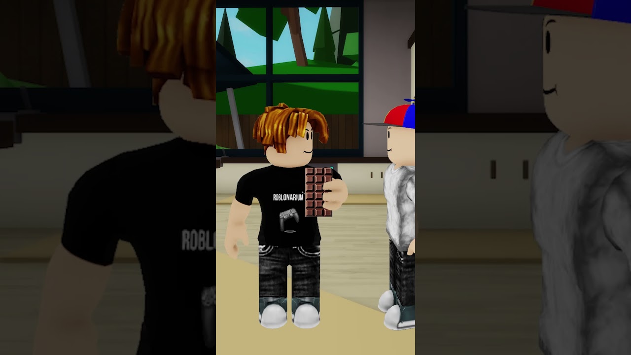 Bacon Hair shares a chocolate bar with a friend in Roblox.