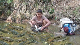 Survival skills - Unique fish techniques,Pumping water outside the natural lake, catch lot of fish