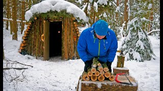 WINTER BUSHCRAFTS Weekend | Marble BEEF stuffed with egg | campfire holder | log bird feeder | ASMR