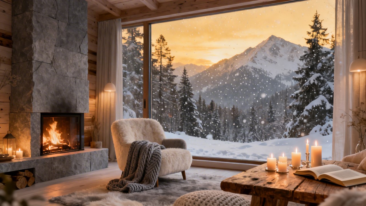 Snowy On Window & Fireplace Crackles in Cozy Living Room Ambience ❄️Gentle Piano for Calm and Relax