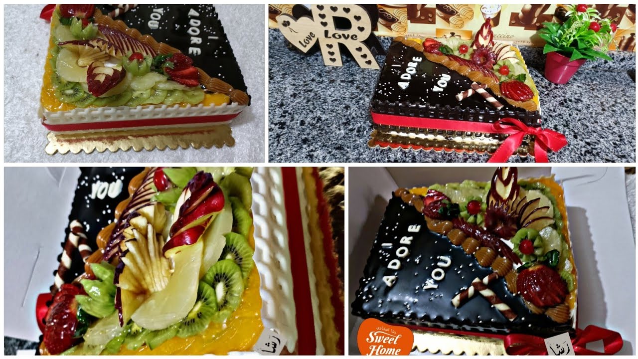 طريقه تزيين تورته نص فاكهه ونص شيكولاته  مع تقطيع الفاكهه  وعمل سور من الشيكولاته للمبتدئين