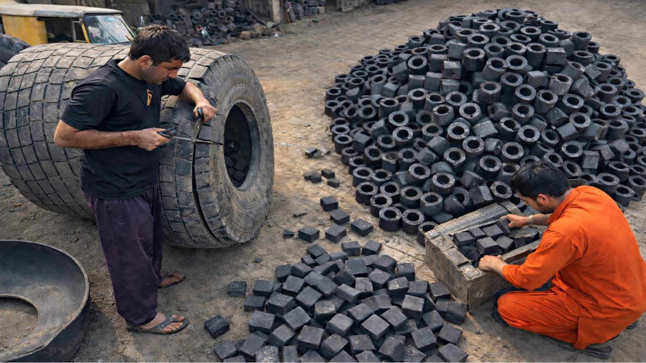 Skilled Craftsmen Turning Huge Tyres Into Rubber Bushes for Heavy Equipment 