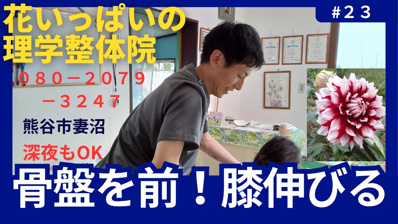 花いっぱいの理学整体院。骨盤を前へ。膝が伸びます。