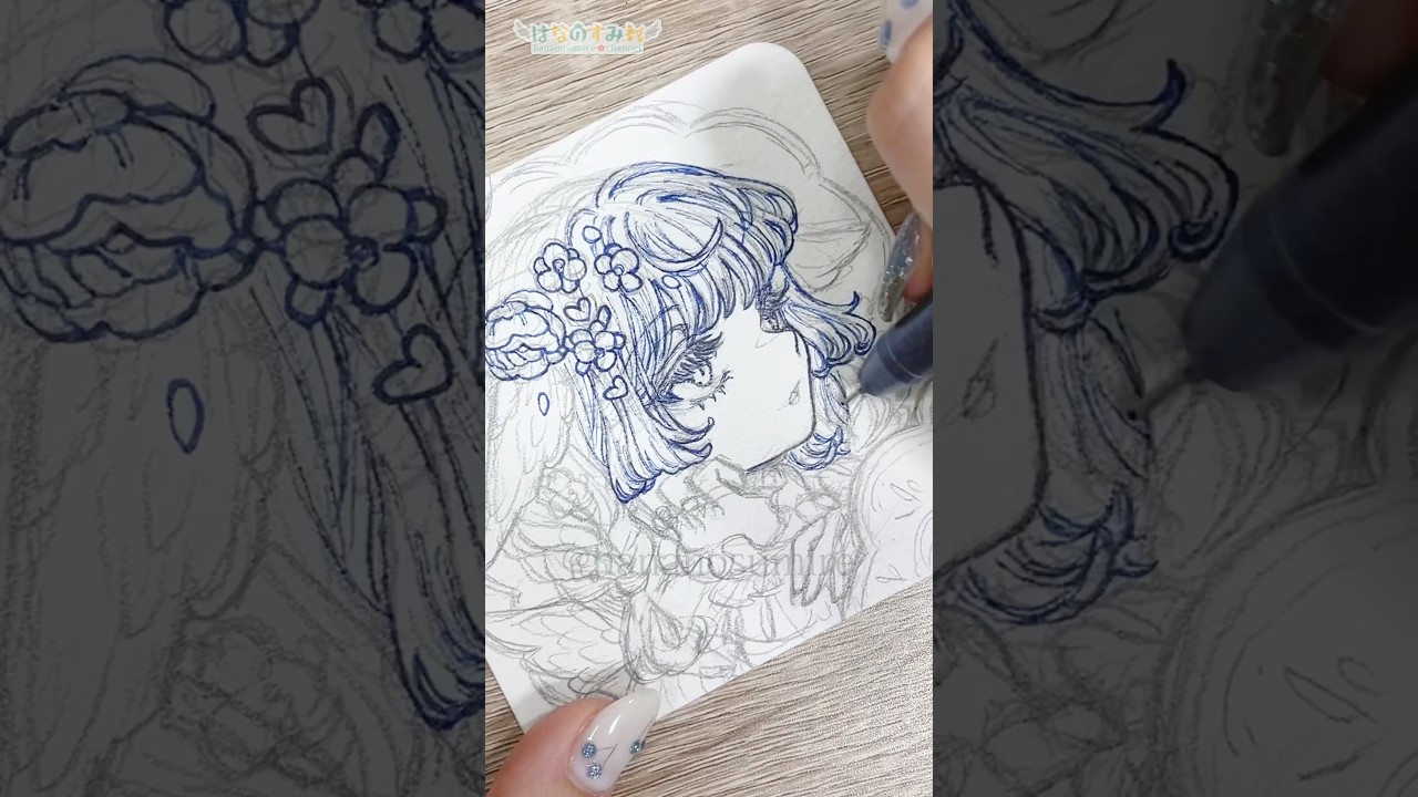 💜花と天使さんの線画を描くメイキング🎨🦜#Shorts #watercolor #watercolorpainting #illustration