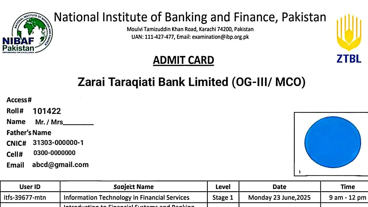 Admit Card Zarai Taraqiati Bank Limited (OG-III/ MCO) 2026