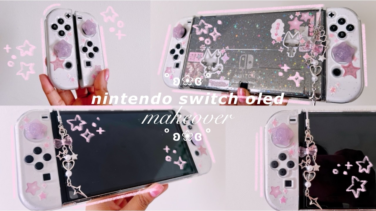 nintendo switch oled makeover ๋࣭ ✿ | pink, stars, glitter theme!