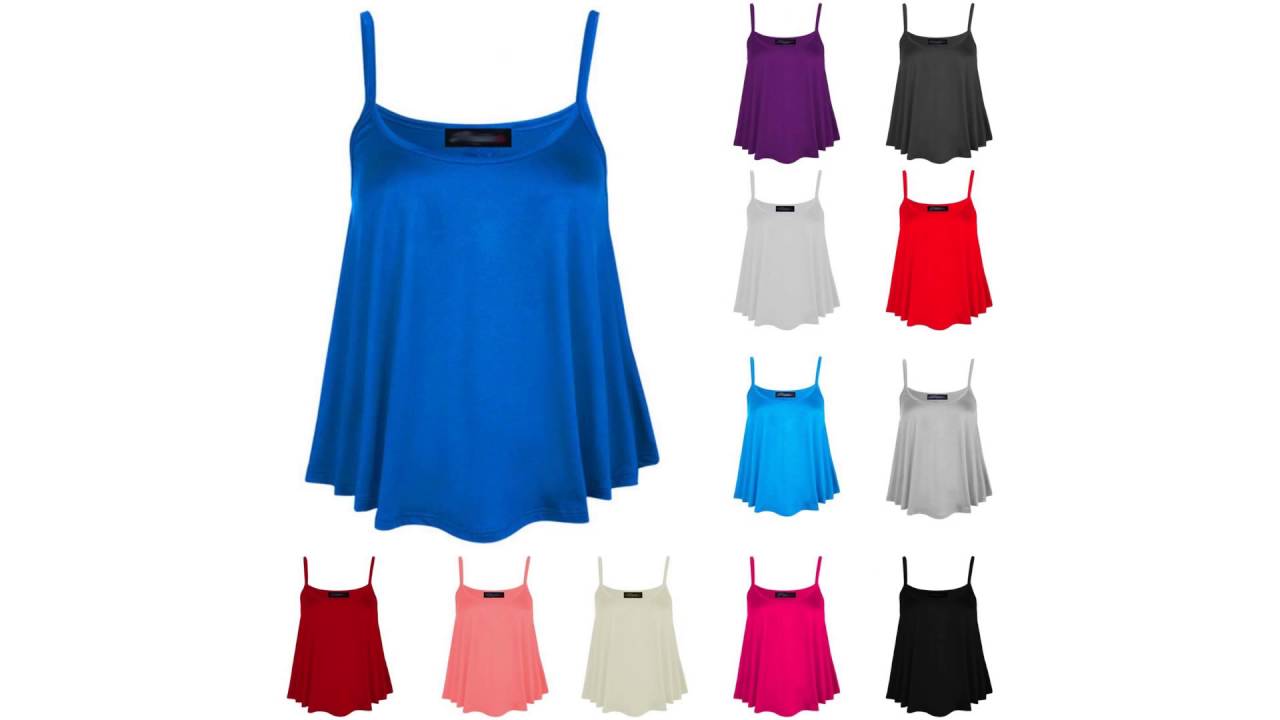 Women Plain Strap Swing Tank Top Ladies Summer Cami Flared Stretch Vest ...