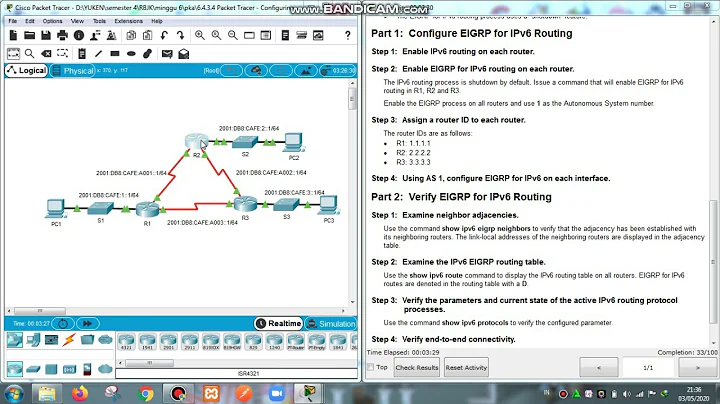 6.4.3.4 Packet Tracer - Configuring Basic EIGRP with IPv6 Routing