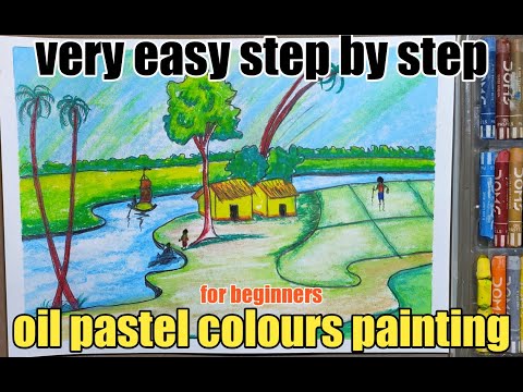 Landscape / Composition painting for beginners. oil pastel colour painting / step by step tutorial