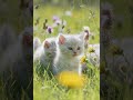 Adorable fluffy kittens playing in a sunlit meadow, surrounded by colorful wildflowers