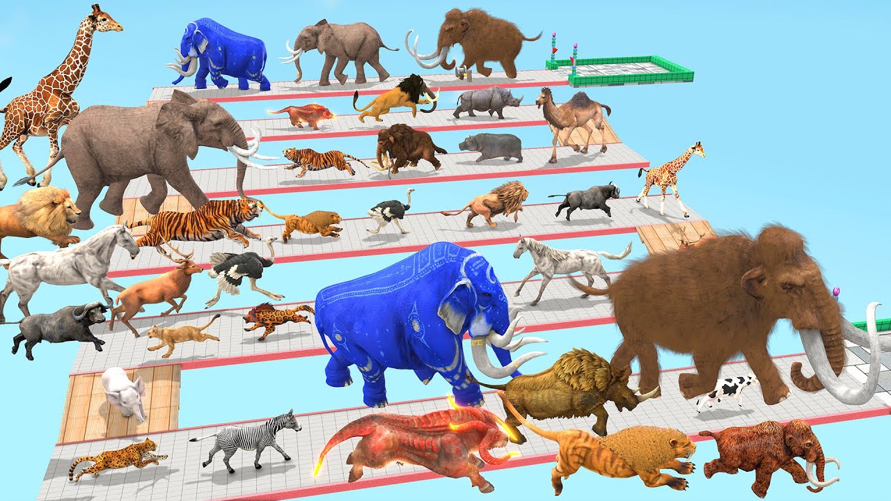 Which Animal vs Prehistoric Mammals Speed Race Run Zigzag Down Course! from Outside Animal Revolt