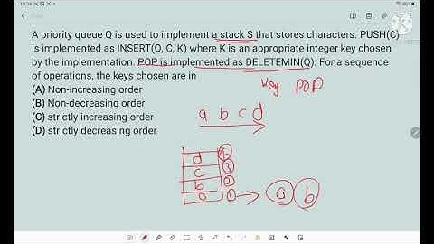 A priority queue Q is used to implement  a stack S that stores character Push c ,  gate cse 1997