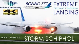 GARUDA B777 EXTREME CROSSWIND LANDING + WATERSPRAY IN STORM