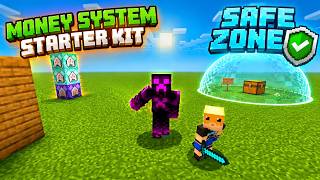 How to make a money system and a starter kit and a no kill zone in minecraft bedrock edition