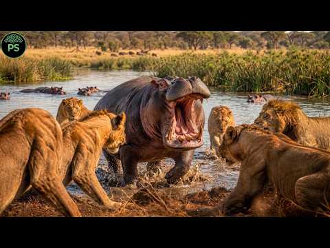 EL DUELO MÁS CABRÓN Hipopótamo vs  Manada de Leones #animalessalvajes