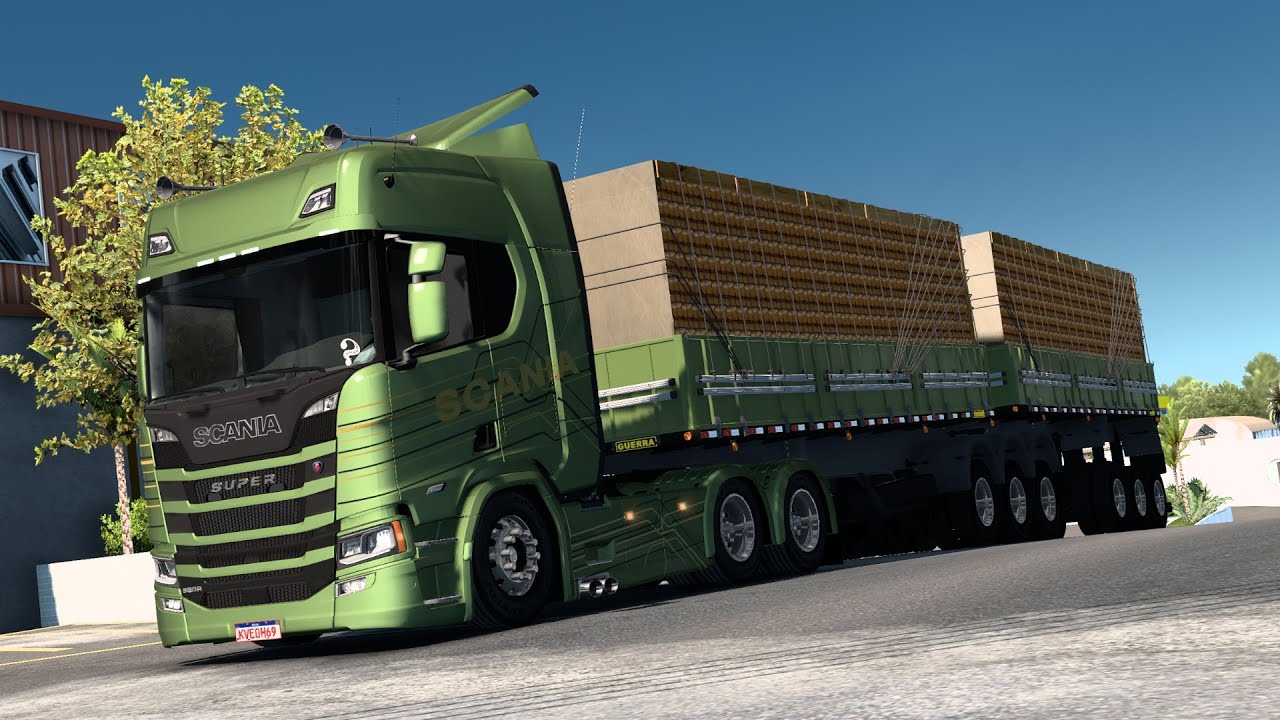 CONJUNTO SCANIA SUPER 560R + BITREM 9 EIXOS ARQUEADO NO PUXE DAS TELHAS - ETS 2