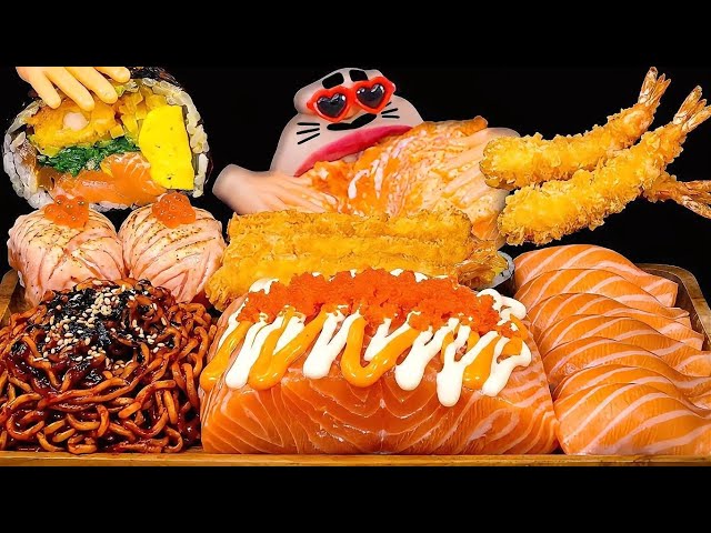 ASMR GIANT SALMON SUSHI & SPICY CHICKEN NOODLES MUKBANG 🍣🔥 FLYING FISH ROE