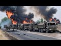 A convoy of 600 US and German ammunition trucks was blocked by dozens of Russian T-90 tanks