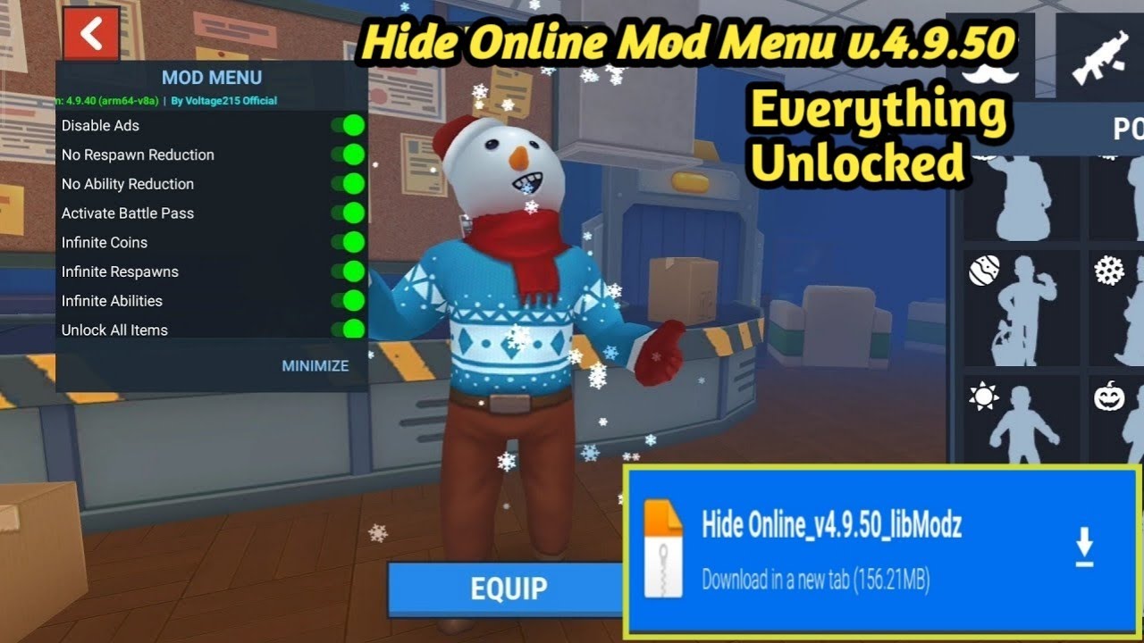 HIDE OnlineMOD MENU v.4.9.50/Latest Version/Unlocked all Skins&Unlimited money& Ammo,Wall hack,64bit