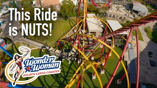 Wonder Woman Golden Lasso Coaster Front Row POV FAST PACED Single Rail Ride @ Six Flags Fiesta Texas