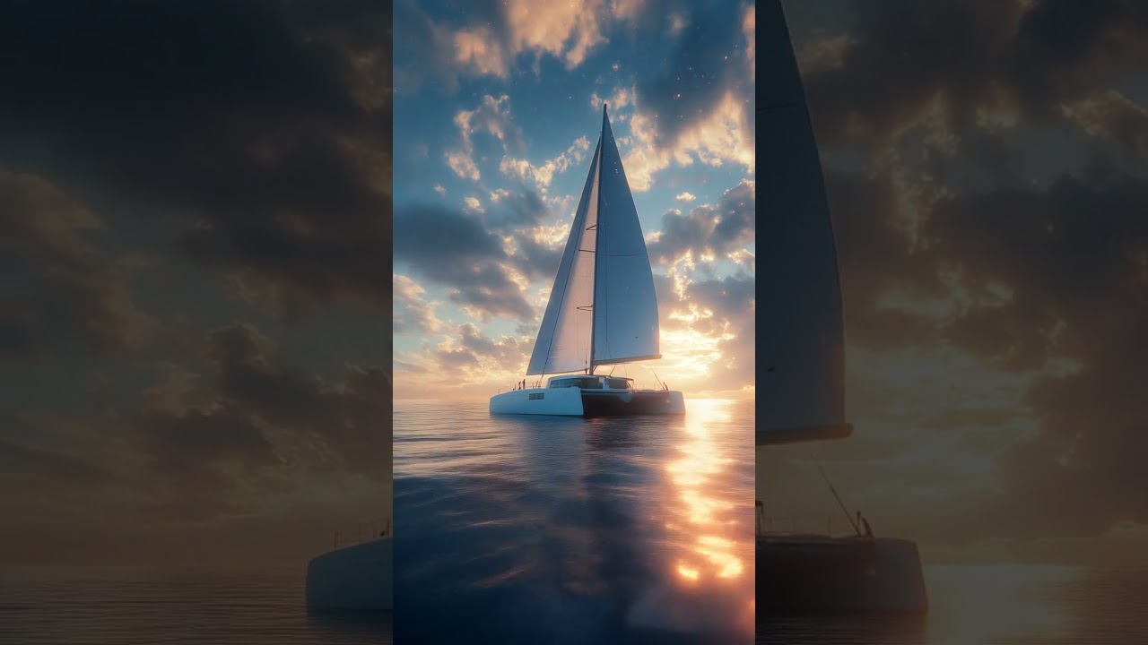 a sleek electric catamaran with pastel-tinted sails