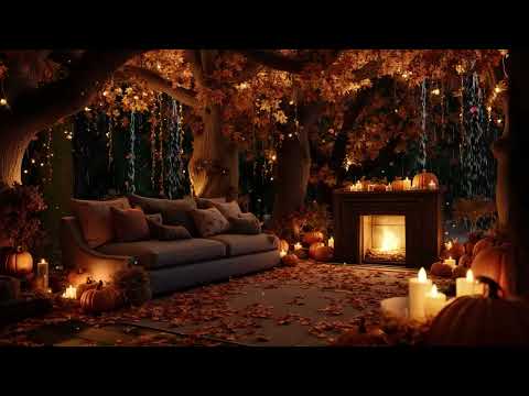 Rainy Autumn Evening at Cozy Porch | Fireplace Ambience & Smooth Jazz for Deep Sleep