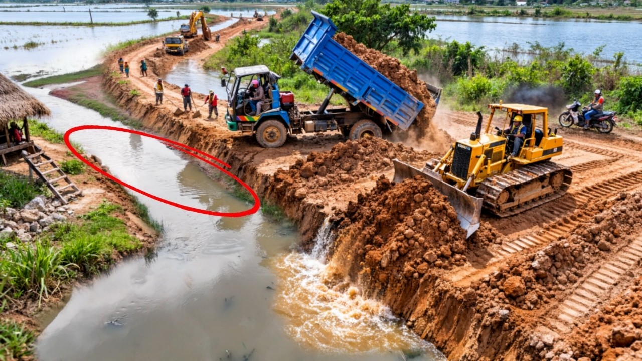 Nicely Activity New PROJECT Rebuild Old On The Flooded Area by 5T Truck Dumping With Dozer D20P Push