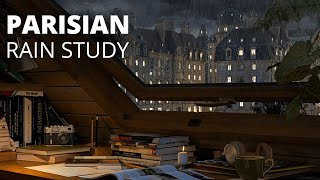 Paris Study in rooftop room with Attic window / Gentle Rain with Distant Thunderstorm Sounds