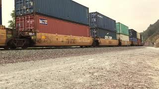 BNSF 7236 Leads Northbound Double stack train passes through Blue cut CA