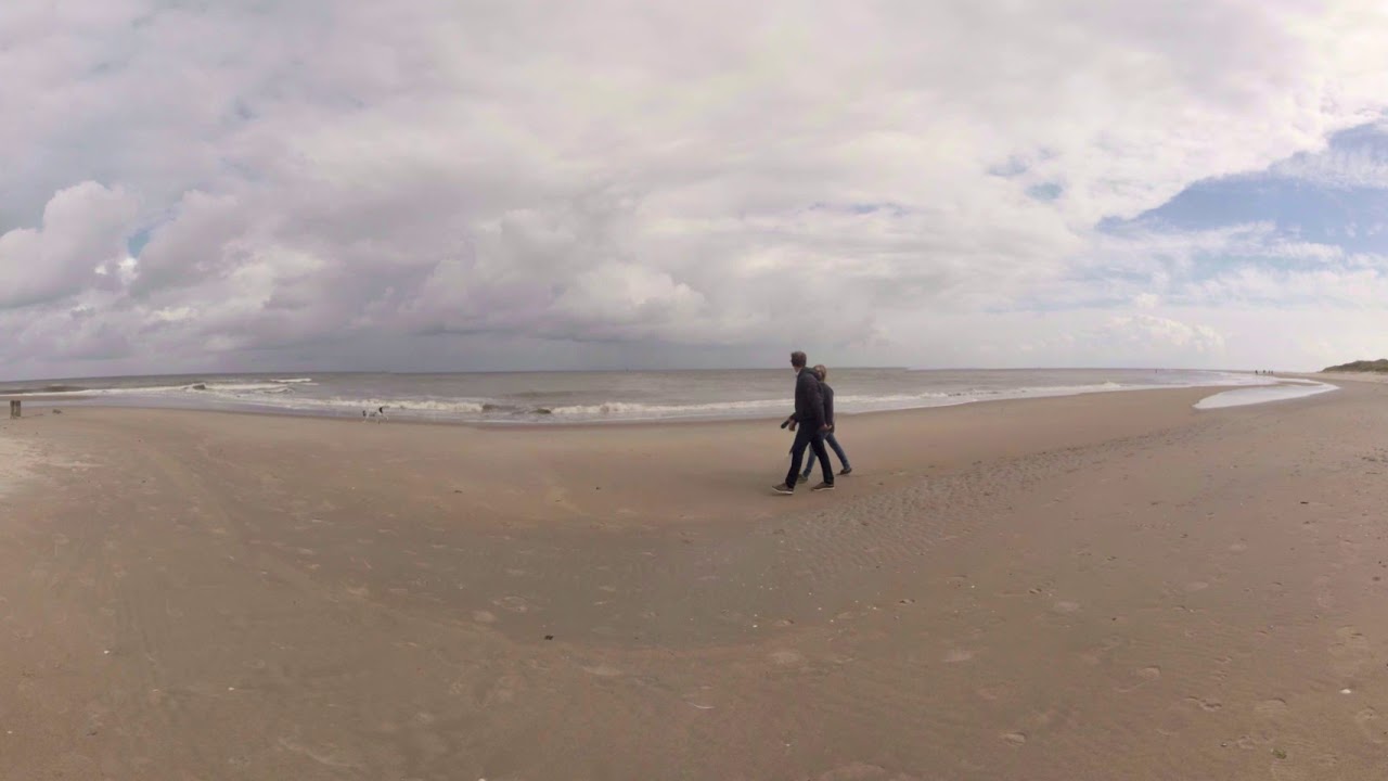 Couple walking on sandy beach with dog front view vlieland holland (4k 360 VR Video)