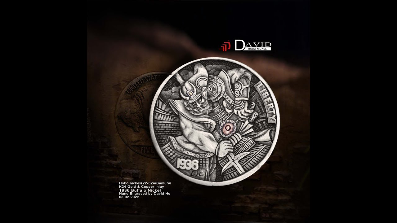 何洪江新作《Samurai》手工雕刻五分硬币/latest #Hobonickel #22-024