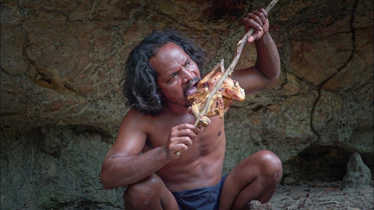 ⁣Wild Food Survival - A Caveman found wild chicken in the forest - Catch and Cook in Mountain Cave