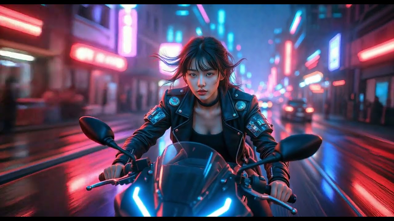 Cyberpunk Girl Motorcycle Rider Neon Rainy Night City Seamless Motion Background Video Loop 4K 60FPS
