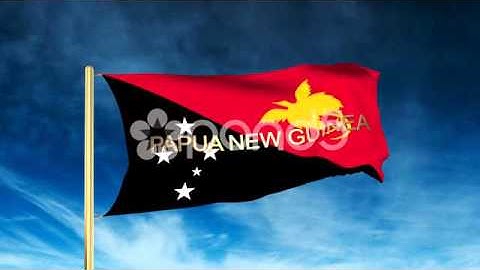 Papua New Guinea Flag Slider Style With Title. Waving In The Wind With Cloud