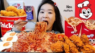 ULTIMATE JOLLIBEE FEAST!! Spicy Chickenjoy, Spaghetti, Eggs & Fries | Mukbang w/ Asmr Eating Sounds