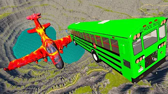 Throwing School Busses At Lava Fire Airplane Leap Of Death -  BeamNG.Drive