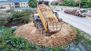 NICELY! START ProJect LANDFILL by Expert Skill Driver 22TTrucks Unloading Soil &Dozer SHANTUI DH17B2