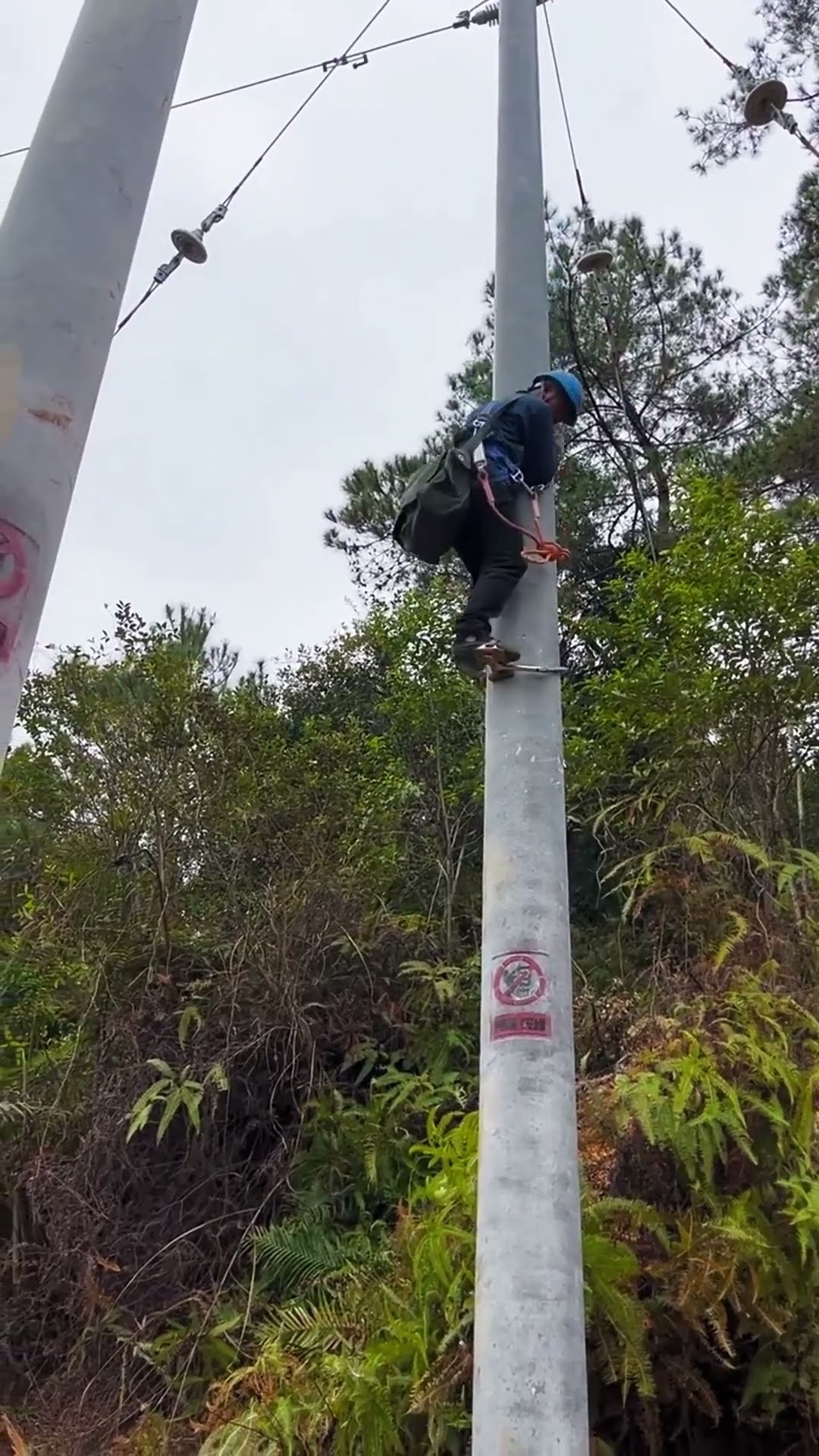 The process of repairing lines on poles