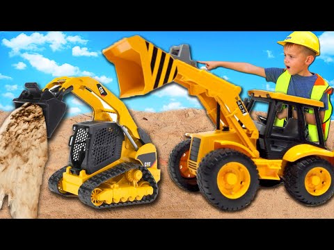 Алекс и игрушечный Трактор JCB BRUDER на больших колесах и помогает Большим Экскаватором