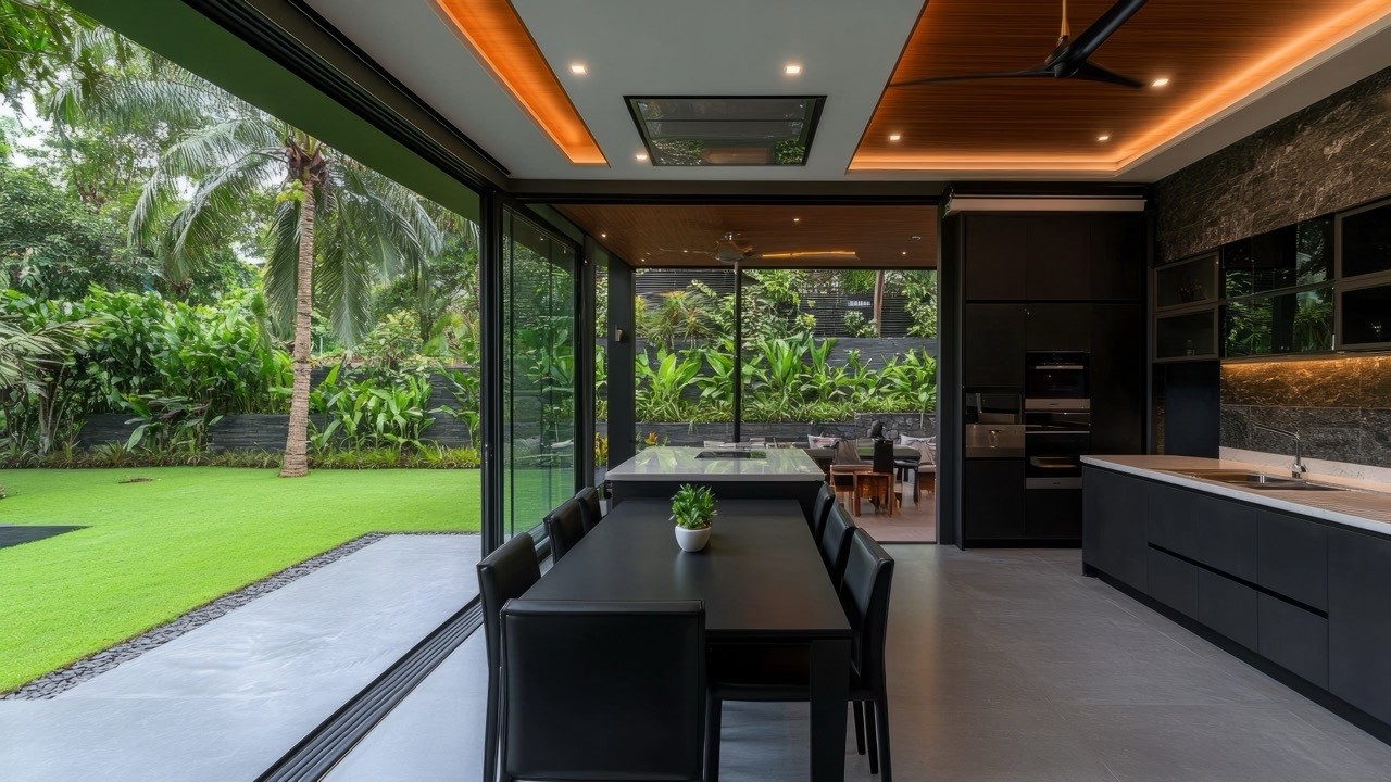 Роскошная минималистичная современная кухня в простом элегантном доме для нескольких поколений