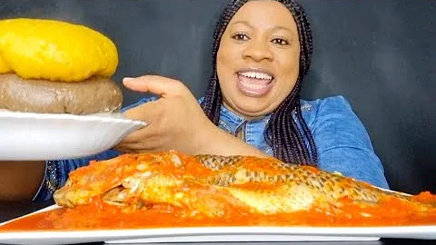 Asmr mukbang fish pepper and okra soup with yellow garri fufu aAfrican food eating sound