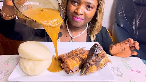 African food mukbang whole roasted tilapia fish with ogbono soup and Fufu/eating time/eating show