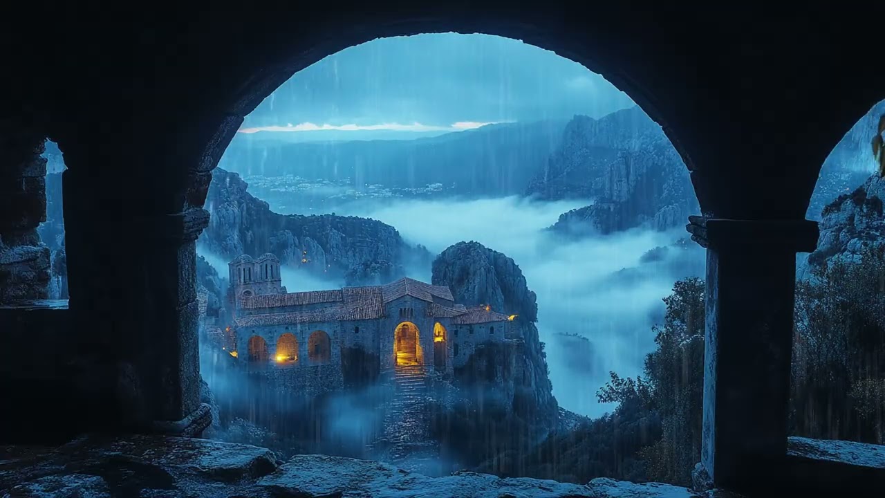 Schwere Regengeräusche im dunklen Norden rund um ein Schloss im Wald