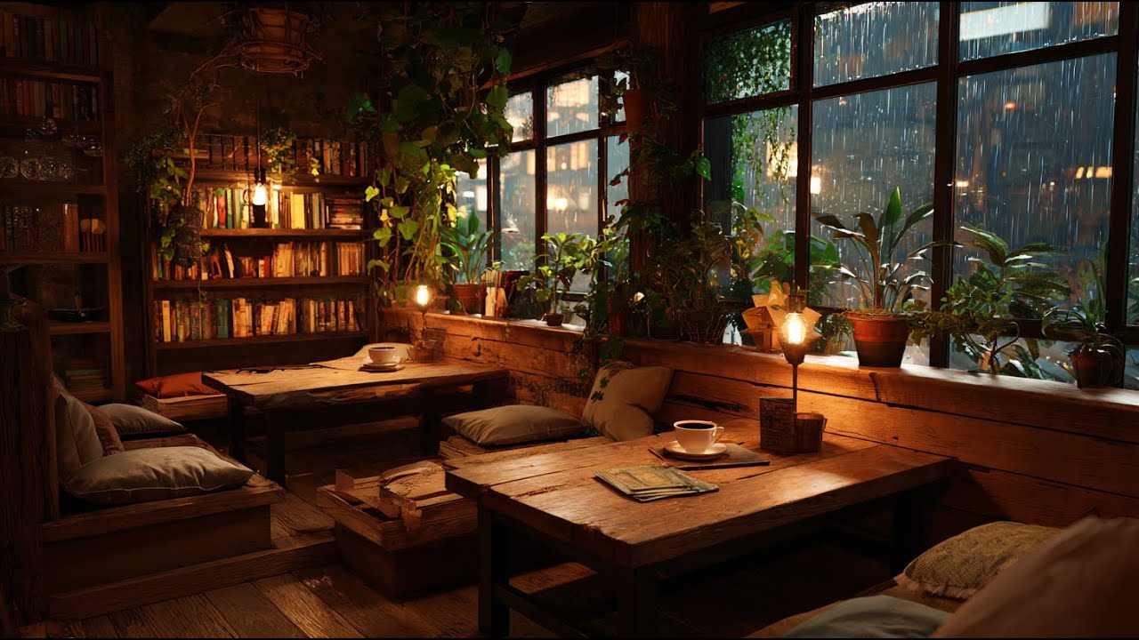 Rainy Jazz Cafe Cozy Coffee Shop Music with Rain Sounds for Work Study Sleep Relax Ambience