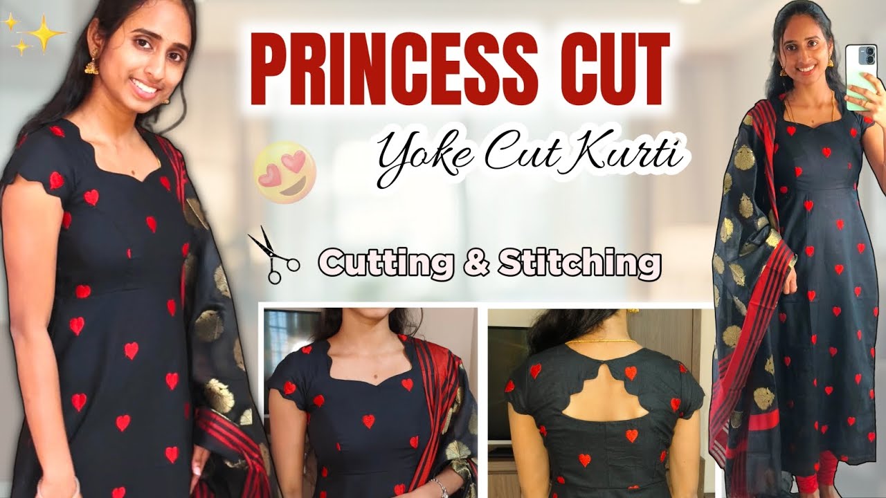 Princess cut Yoke Cut Kurti Cutting and Stitching/ Raja Rani method yoke part / kurti cutting 