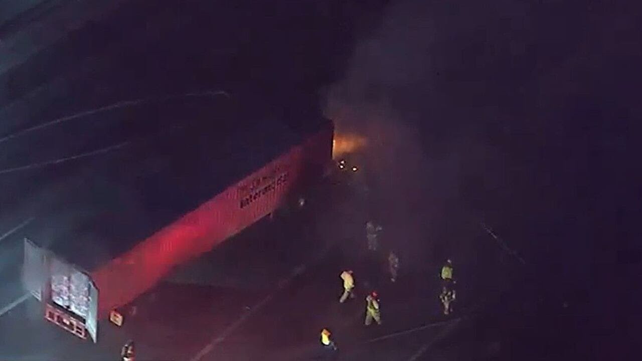 Tractor-trailer catches fire on I-20 - YouTube