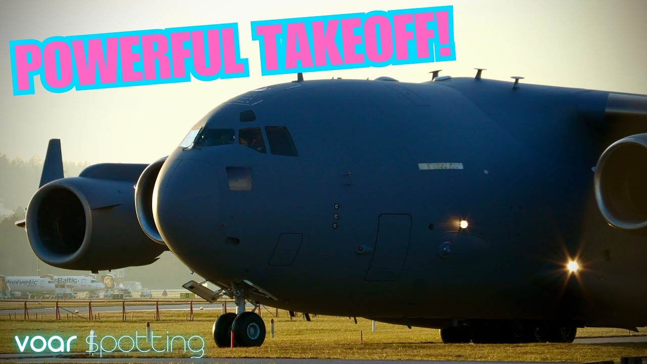 Boeing C-17 Globemaster III close-up & short takeoff from Zurich Airport