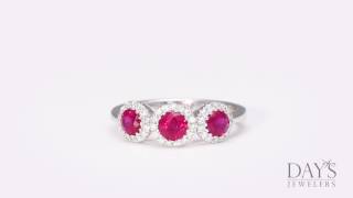 Three Stone Ruby Ring in 14kt White Gold with Diamond Halo (1/5ct tw)