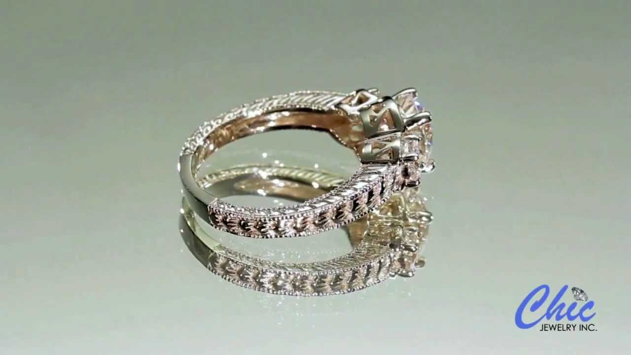 Engraved 3 stone round  cubic zirconia  ring in platinum- item # p5699